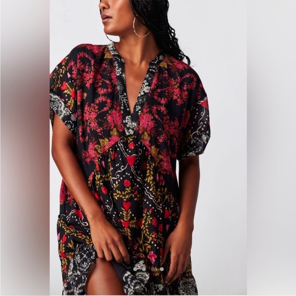 Free People 100% Cotton Black and Pink Short Sleeve V Neck Agnes Mini Dress - Picture 7 of 13